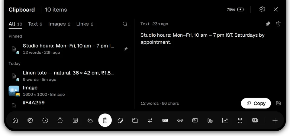 Vayli for Windows Clipboard History with a selected item, search and pinned copies