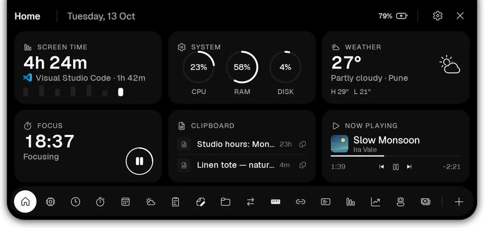 Vayli for Windows Home panel with system information, clipboard and music controls