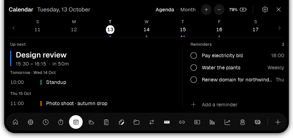 Vayli Calendar showing the week, a design review up next and three reminders.