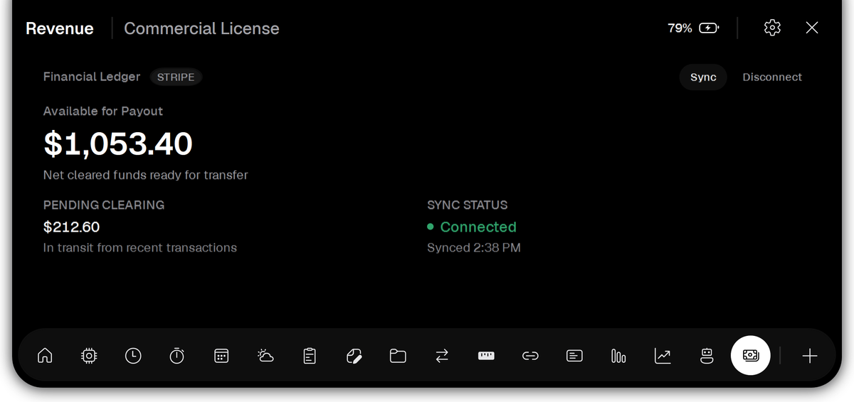 Vayli Revenue showing $1,053.40 available for payout from Stripe and $212.60 still clearing.