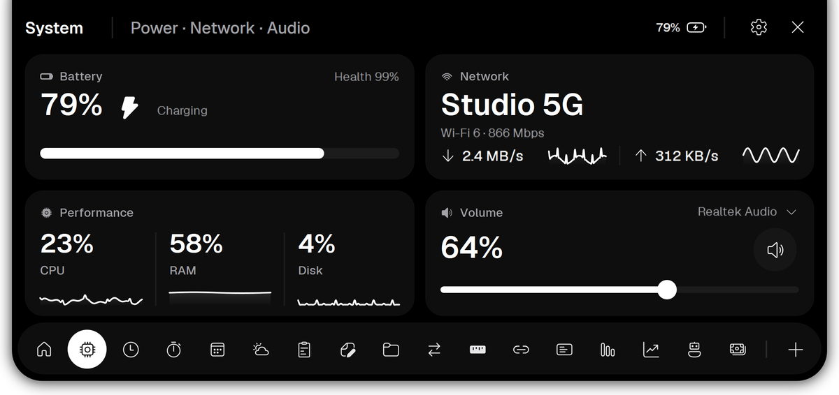 Vayli System with battery, Wi-Fi speed graphs, CPU, RAM and disk history and the volume slider.