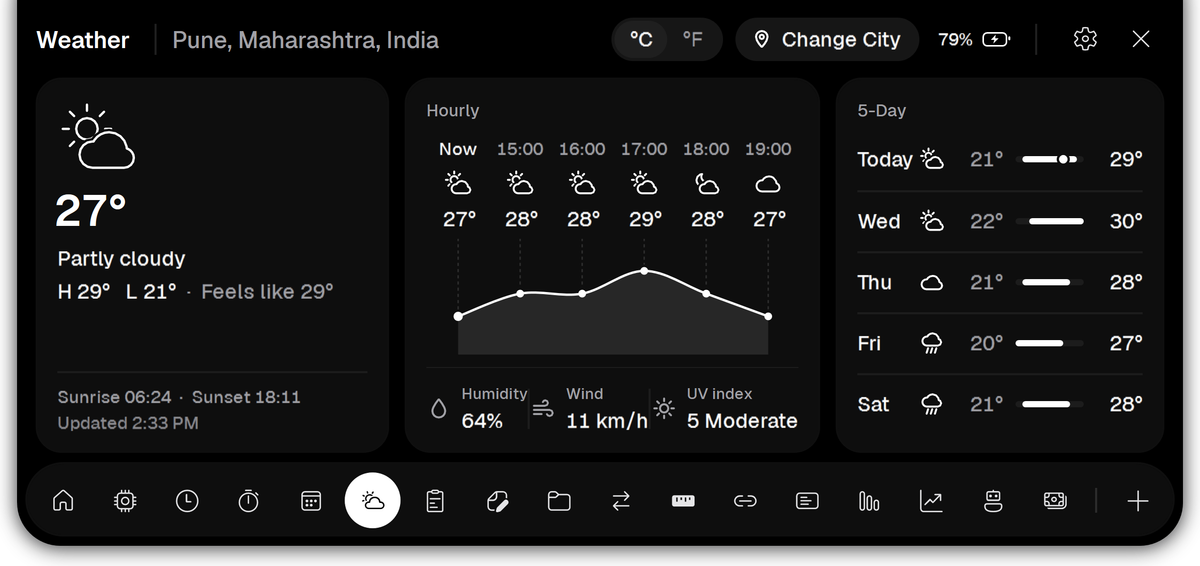Vayli Weather for Pune: 27° and partly cloudy, an hourly chart and a five-day forecast.